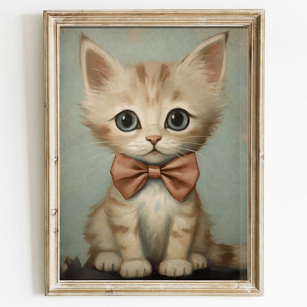 Cat Wall Art, Cat Nursery Print, Cat with Bow Tie, Kitten Wall Decor, Vintage Cat Art, Cute Kitten Painting, DIGITAL Printable Wall Decor