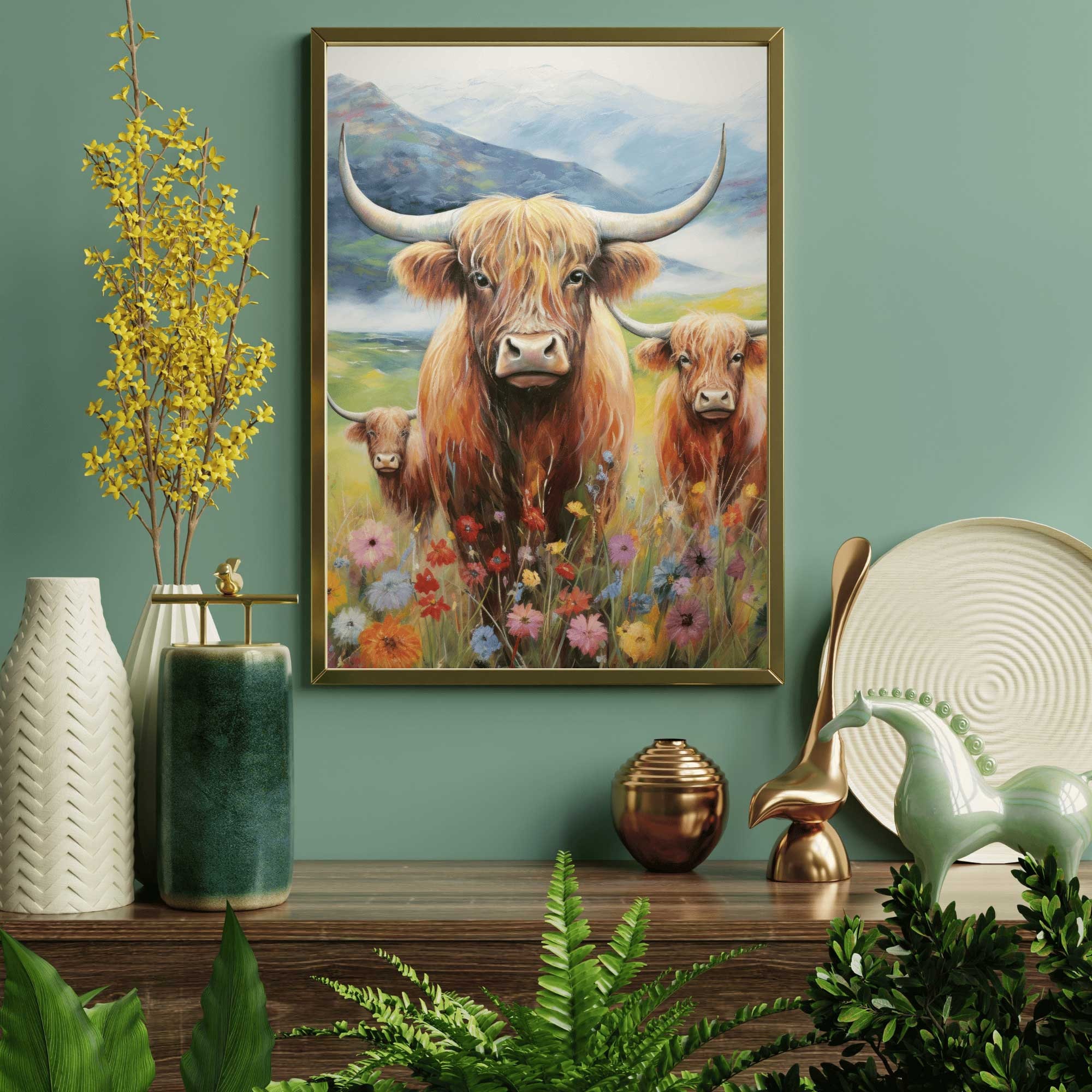Conipit Trittico Su Tela Con Animali Da Fattoria | Mucca Delle Highland E Cavallo | 3 Pannelli 30,5x40,6cm Ciascuno | Quadro Rustico Per Parete