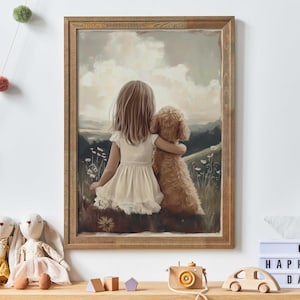 May include: A painting of a young girl with long brown hair sitting with her arm around a brown dog. They are both looking out at a field of wildflowers. The painting is in a wooden frame.