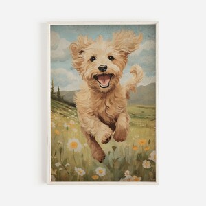 May include: A golden doodle dog runs through a field of wildflowers. The dog has a happy expression on its face and its tongue is sticking out. The background is a blurred image of a field with green grass and blue sky.