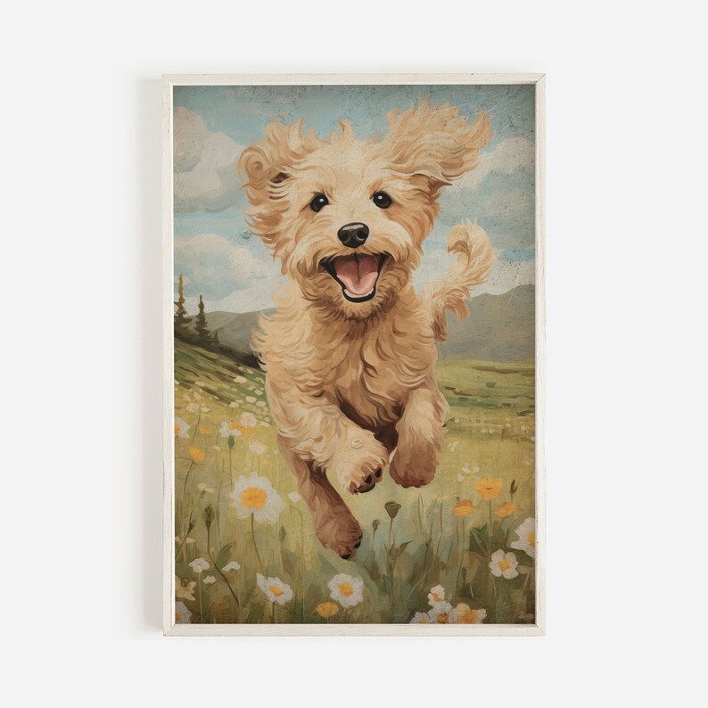 May include: A golden doodle dog runs through a field of wildflowers. The dog has a happy expression on its face and its tongue is sticking out. The background is a blurred image of a field with green grass and blue sky.
