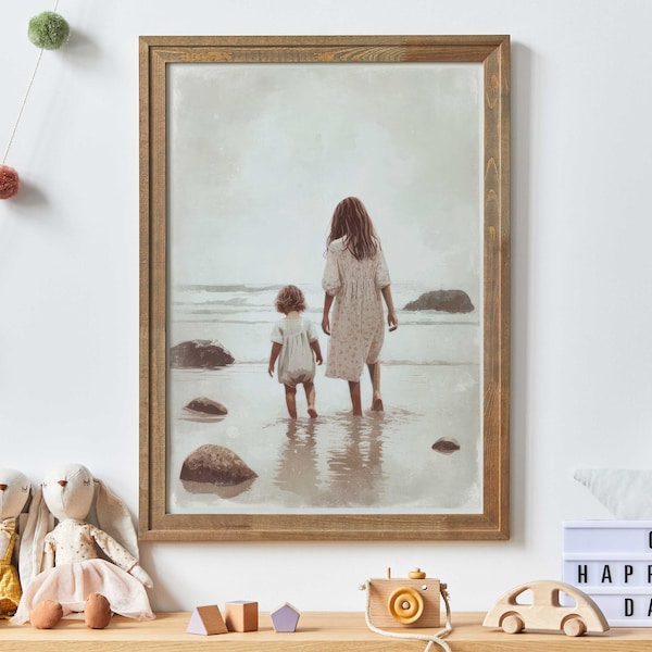 Serene Sisters Beach Walk Art Print - Summertime Siblings Love, Vintage-Inspired Nursery & Girl's Room Decor, Printable Wall Art