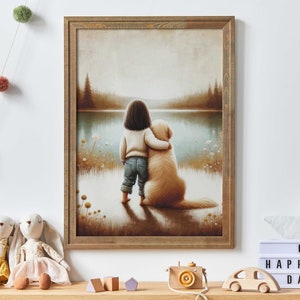Golden Retriever Print, Girl and Dog Painting, Dog Nursery Decor, Girl Room Dog Decor, Toddler Room Decor, Cute Animal Art,PRINTABLE Dog Art