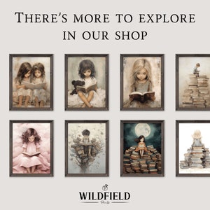May include: A collection of eight framed illustrations featuring children reading books. Each illustration is set in a different whimsical scene, with some children sitting on stacks of books, others in clouds, and one even on a tree branch. The illustrations are all in a soft, muted color palette and have a vintage feel. The text "THERE'S MORE TO EXPLORE IN OUR SHOP" is displayed at the top of the image.
