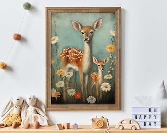 Deer Nursery Decor, Nursery Animal Wall Art, Vintage Deer Painting, Forest Animal Print, Cute Kids Room Decor, Printable Wall Decor