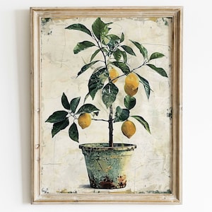 May include: A framed painting of a potted lemon tree with green leaves and yellow lemons. The background is a textured white with hints of brown and green.