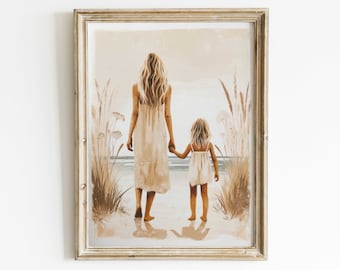 Mother & Daughter Art, Daughter and Mother Wall Art, Girl Beach Art, Mom Daughter Painting, Rustic Nursery Decor Girl, PRINTABLE Family Art