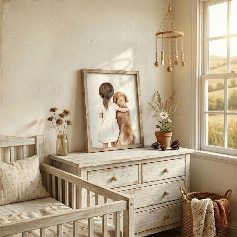May include: A framed watercolor print depicts a young person hugging a golden retriever. The artwork is displayed on a distressed white wooden dresser. A baby crib with a floral pillow is in the foreground. A decorative mobile hangs from the ceiling.