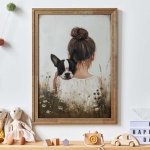 Boston Terrier Print Nursery, Dog Girl Nursery Art, Boston Terrier Nursery Decor, Dog and Girl Painting, Girl Room Decor, Printable Dog Art