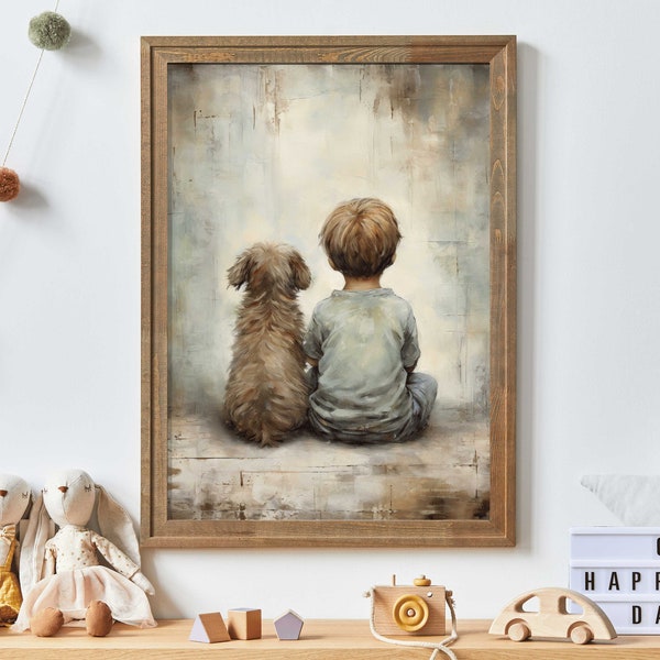 Puppy Nursery Print, Boy and Dog Art, Vintage Nursery Wall Art, Rustic Nursery, Dog Lover, Boy's Room Decor, DIGITAL Printable Kids Wall Art