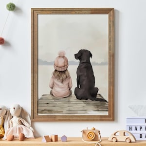 Labrador Nursery Art for Girls, Black Lab Print, Girl & Dog Painting, Lake, Labrador Portrait, Dog Nursery Decor, Printable Dog Wall Decor