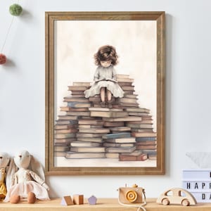 Lesedekor, druckbare Lern- und Studierwandkunst für Mädchenschlafzimmer oder Arbeitszimmer oder Klassenzimmer, kleine Mädchen, die Bücher lesen, druckbare Kunst