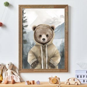 Bear Wearing Clothes, Bear Kids Room Print, Vintage Watercolor Nursery Wall Decor, Cute Nursery Animal Art, Printable Bear Wall Art