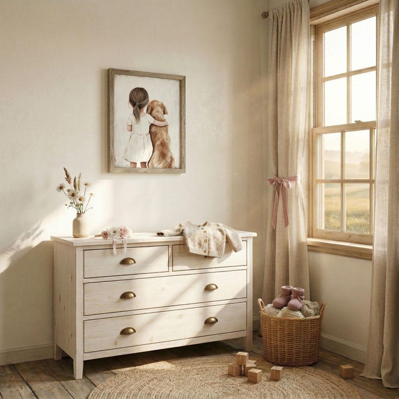 May include: A light-colored wooden dresser with four drawers and brass-colored handles. A framed picture of a girl hugging a dog hangs on the wall above the dresser. A small vase of flowers and a baby sweater sit on top of the dresser. A woven basket and a rug are also in the room.