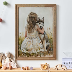 Siberian Husky Nursery Decor, Girl and Dog Print, Husky Art Print, Rustic Wildflower Nursery, Girls Room Decor, Printable Dog Art for Girls
