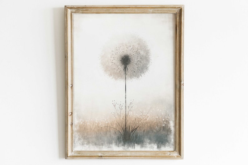 May include: A framed watercolour painting of a dandelion with a white and grey background. The dandelion is in the centre of the painting and is surrounded by a field of smaller dandelions.
