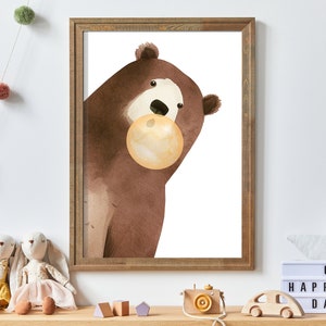 Bear Bubbles, Animals Bubblegum, Animals Blowing Bubbles, Bear Nursery Decor, Bubble-gum Animals, Peek-a-Boo Bear, Printable Kids Room Art