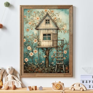 Treehouse Print, Tree House Art, Nursery Wall Decor, Rustic Nursery Art, Tree Cabin, Whimsical Kids Room Decor, PRINTABLE Child&#39;s Room Art