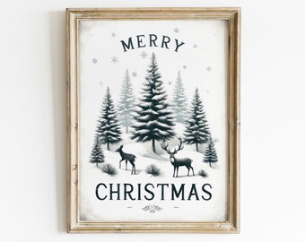 Merry Christmas Print, Christmas PRINTABLE Wall Art, Vintage Christmas Wall Decor, Deer in the Forest Print, Rustic Christmas Home Decor