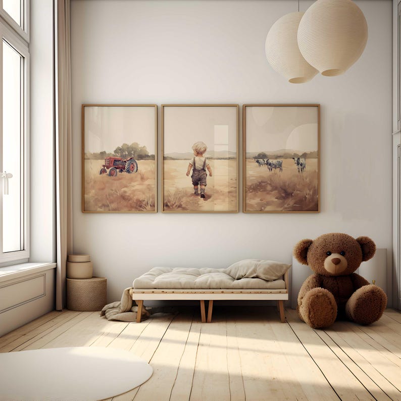 May include: Three framed watercolor paintings depicting a child walking in a field, a tractor in a field, and cows in a field. The paintings are hung on a white wall above a light brown bench.