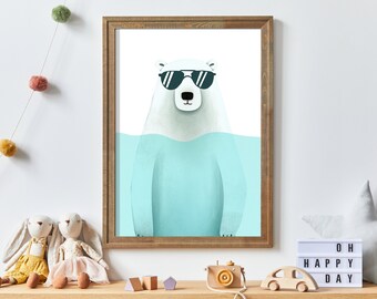 Bathing Animals, Bear in Glasses, Polar Bear Wall Art, Animal Nursery Print, Cool Boy's Room Decor, Woodland Animals, Bathroom Print