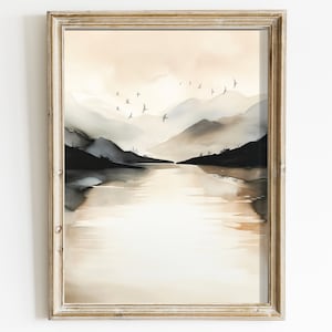 Watercolor Nature Painting, Abstract Landscape, Beige Wall Decor, Printable Artwork, Lake Wall Art, Printable Mountain Art Print, Beige Art