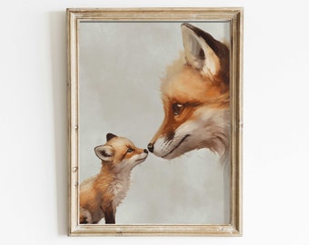 Fox Nursery Decor, Cute Animal Decor, Mother Fox & Baby Fox Kit, Fox Painting, Gender Neutral Kids Nursery Room Print, Printable Art Kids