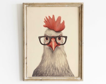 Rooster Wall Art, Animals Wearing Glasses, Funny Animal Print, Farm Nursery Decor, Vintage Art, Animal Kids Room Decor, Printable Wall Art