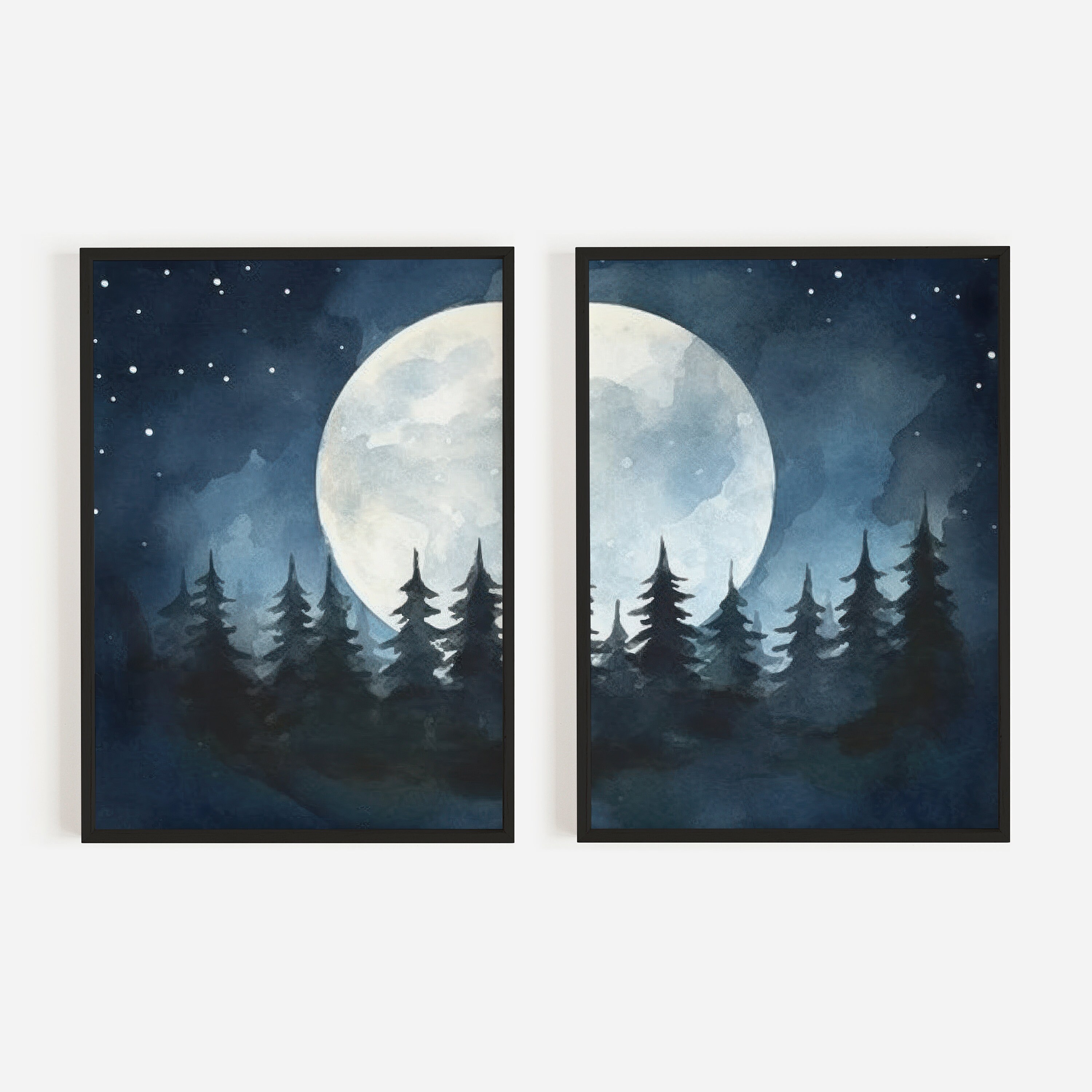 Full Moon Print, Forest Landscape Painting, Vintage Forest