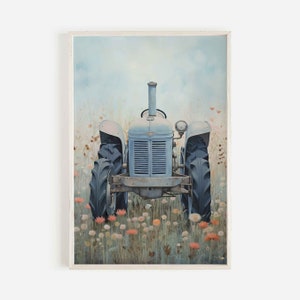 May include: A vintage blue tractor sits in a field of wildflowers. The tractor has a weathered, rustic look and is surrounded by a variety of flowers in shades of pink, orange, and white.