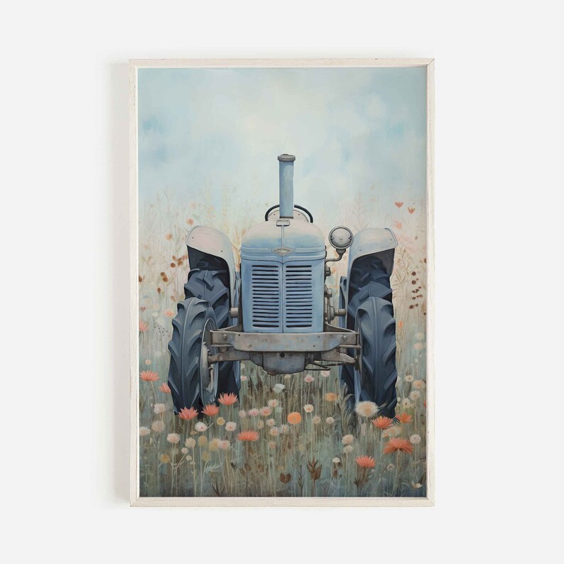 May include: A vintage blue tractor sits in a field of wildflowers. The tractor has a weathered, rustic look and is surrounded by a variety of flowers in shades of pink, orange, and white.