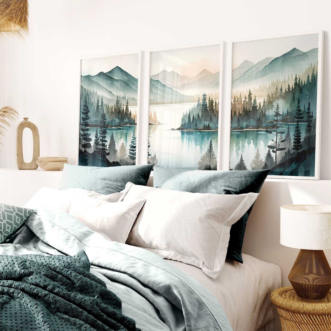 Lake & Mountain Wall Art, Watercolor Forest Landscape Painting, Teal