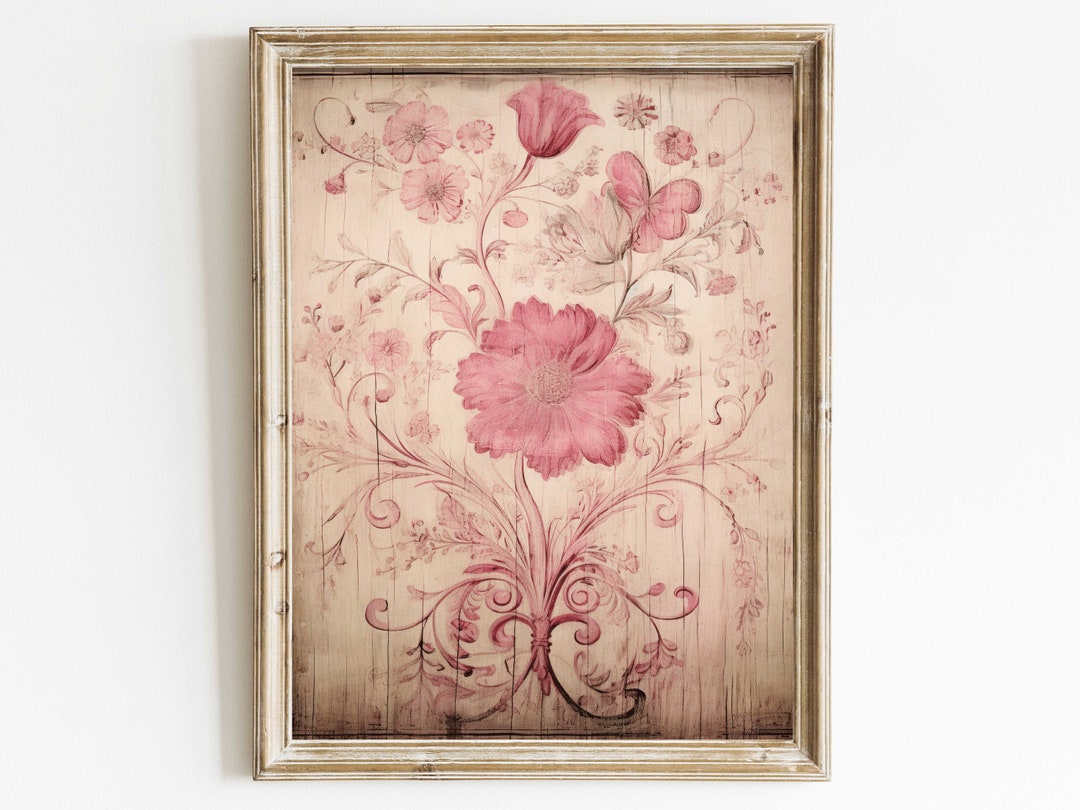 Pink Floral Print, Vintage Flower Wall Art, Rustic Floral Home Decor ...