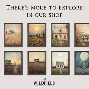 May include: A collection of eight framed art prints featuring charming cottage scenes with a rustic aesthetic. The prints depict various landscapes, including fields, forests, and gardens, with houses, trees, and flowers. The prints are all in a similar style, with soft colors and a vintage feel. The text "THERE'S MORE TO EXPLORE IN OUR SHOP" is displayed above the prints.