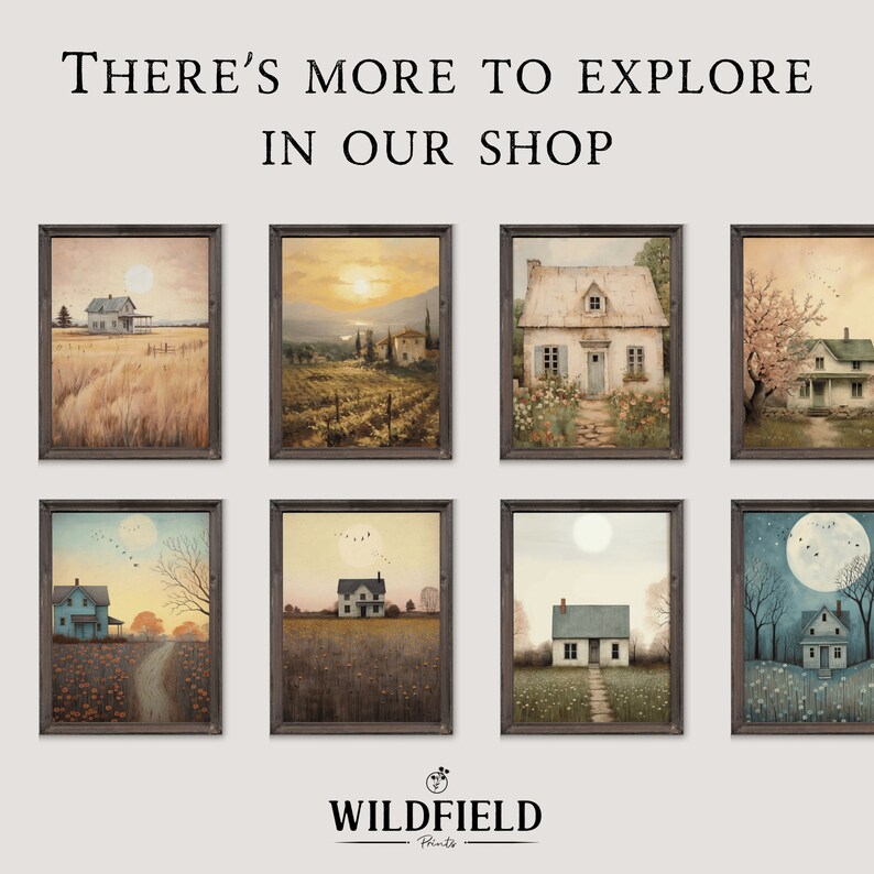 May include: A collection of eight framed art prints featuring charming cottage scenes with a rustic aesthetic. The prints depict various landscapes, including fields, forests, and gardens, with houses, trees, and flowers. The prints are all in a similar style, with soft colors and a vintage feel. The text "THERE'S MORE TO EXPLORE IN OUR SHOP" is displayed above the prints.
