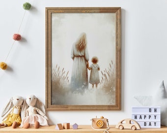 Mother & Daughter Art, Mother Daughter Painting, Mother Gift from Daughter, Mom Art Print, Rustic Nursery Decor Girl, Printable Family Art