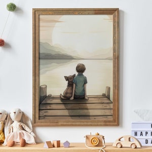 Boy and Dog Art Print, Dog Nursery Decor, Toddler Decor Boy, Dog Wall Art Boys Room, Dog Lover Art, Puppy Nursery Print, Printable Kids Art