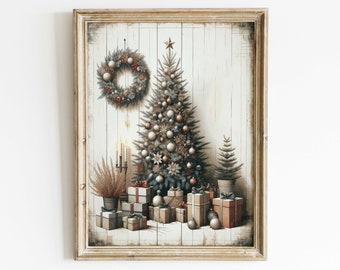 Christmas Tree Print, Christmas Gift Print, Vintage Xmas Tree Wall Art, Rustic Holiday Decor, Kids Christmas,PRINTABLE Christmas Nursery Art