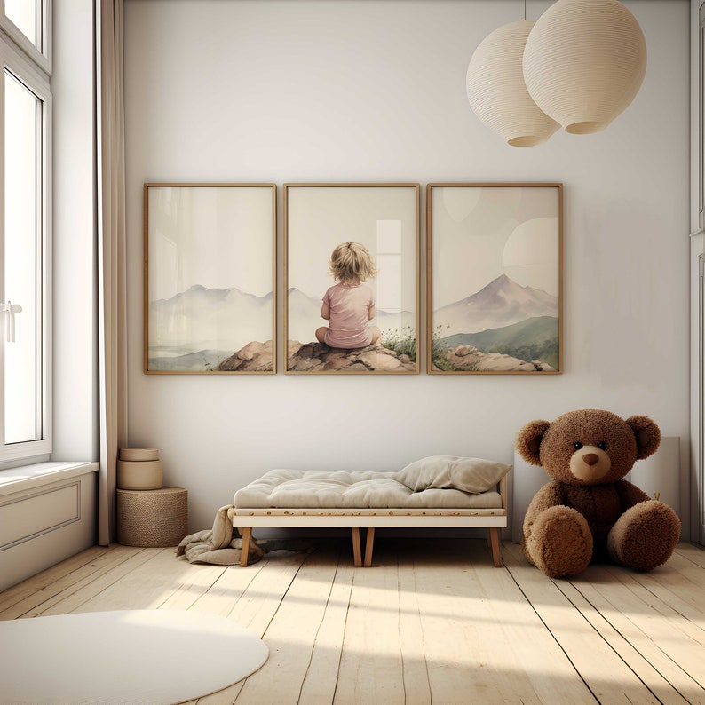 Adventure Nursery Decor Girl, Mountain Baby Room, Set of 3, Hiking