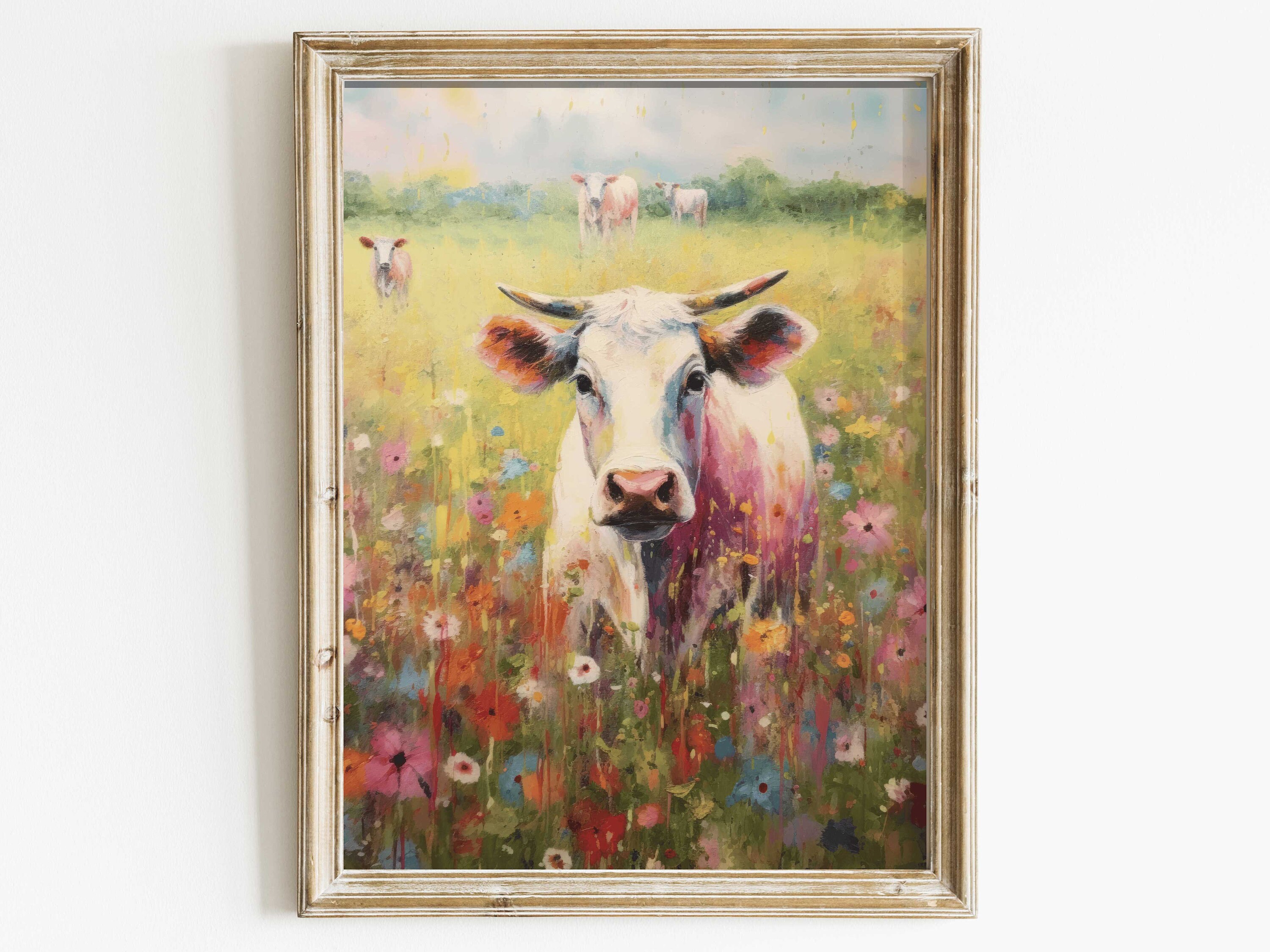 Vintage Bull Cow Painting, Rustic Country Home Decor, Wildflower Meadow, Farmhouse Homestead Wall Art, Distressed Printable Printable Art