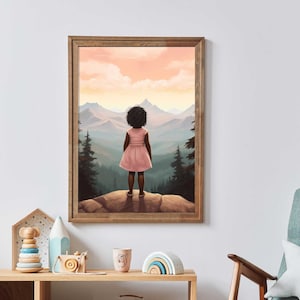 女の子の冒険プリント、黒人の女の子のアート、アフリカ系アメリカ人の女の子の部屋の装飾、保育園の自然の装飾、素朴な保育園の装飾、印刷可能な女の子の壁アート