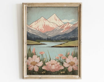 Wildflower and Mountain Wall Art, Vintage Nature Print, Mountain Painting, Rustic Landscape Painting, Printable Landscape Wall Art