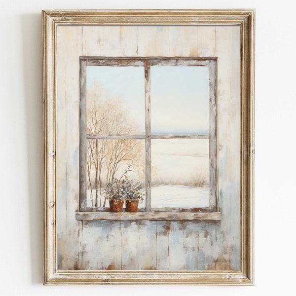 Window Wall Decor, Vintage Window Painting, Old Window Print, Vintage Wall Art, Rustic Wall Decor, Farmhouse Wall Art, Printable Art