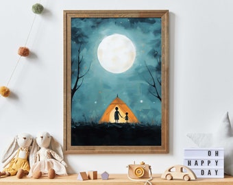 Kids Adventure Art, Camping & Hiking Wall Decor, Camping Nursery Print, Teal and Orange Artwork, Kids Room Decor, Printable Art