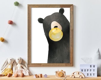 Black Bear Nursery Decor, Bear Bubbles, Animals Bubblegum, Animals Blowing Bubbles, Bear Nursery Print, Minimalist Printable Kids Wall Art