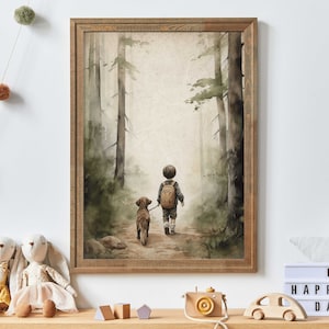 Boy and Dog Print, Dog Nursery Decor, Rustic Nursery, Dog Lover Art, Puppy Nursery Print,Golden Retriever Nursery Art, Printable Kids Art