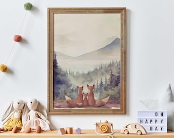 Animal Family Portrait, Fox Family Print, Family of 3 Wall Art, Red Fox Wall Decor, Woodland Nursery, Family Gift, Printable Kids Room Decor