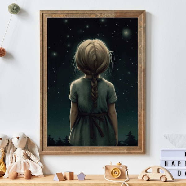 Stargazing Print, Girls Room Wall Art, Forest % Stars, Little Girl Art, Vintage Nursery Wall Art, Printable Nursery Art, Girls Bedroom Decor