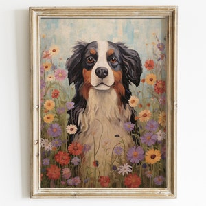 Bernese Mountain Dog Art, Vintage Dog Portrait, Dogs and Flowers, Cute Dog Decor, Berner Sennen Dog Print, Printable Dog Artwork