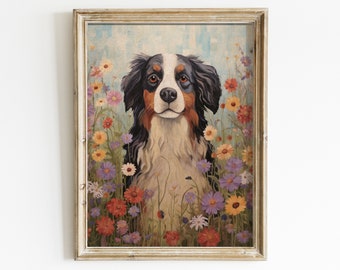 Arte de perro de montaña bernés, retrato de perro vintage, perros y flores, decoración de perro linda, impresión de perro bernés, obra de arte de perro imprimible